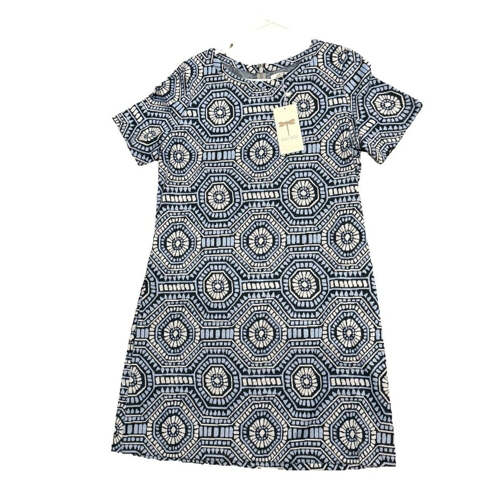 Tyler Boe Women’s L dress NWT Patterned Knit Short Sleeved Vintage Retro Blue